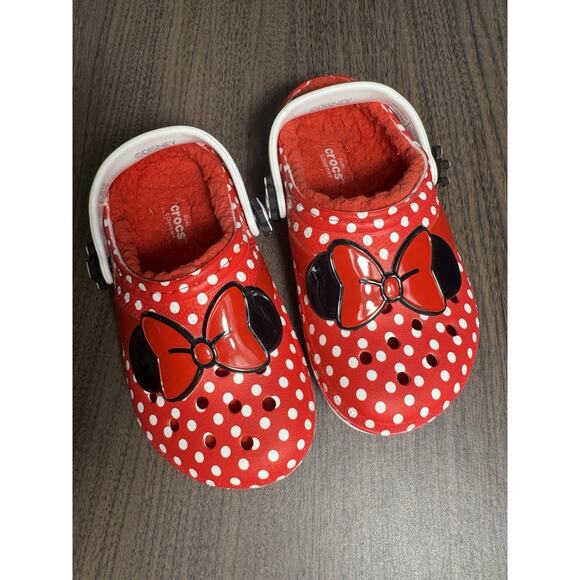 Disney Minnie Mouse Crocs Red polka dot clogs. girls fuzzy lined slip on shoes - Picture 1 of 7
